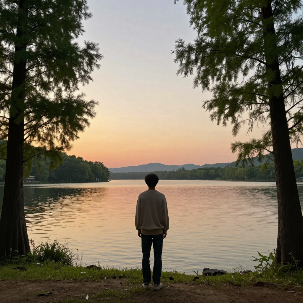 Una persona permanece de pie junto a un lago tranquilo al atardecer, con los árboles y las colinas a lo lejos.