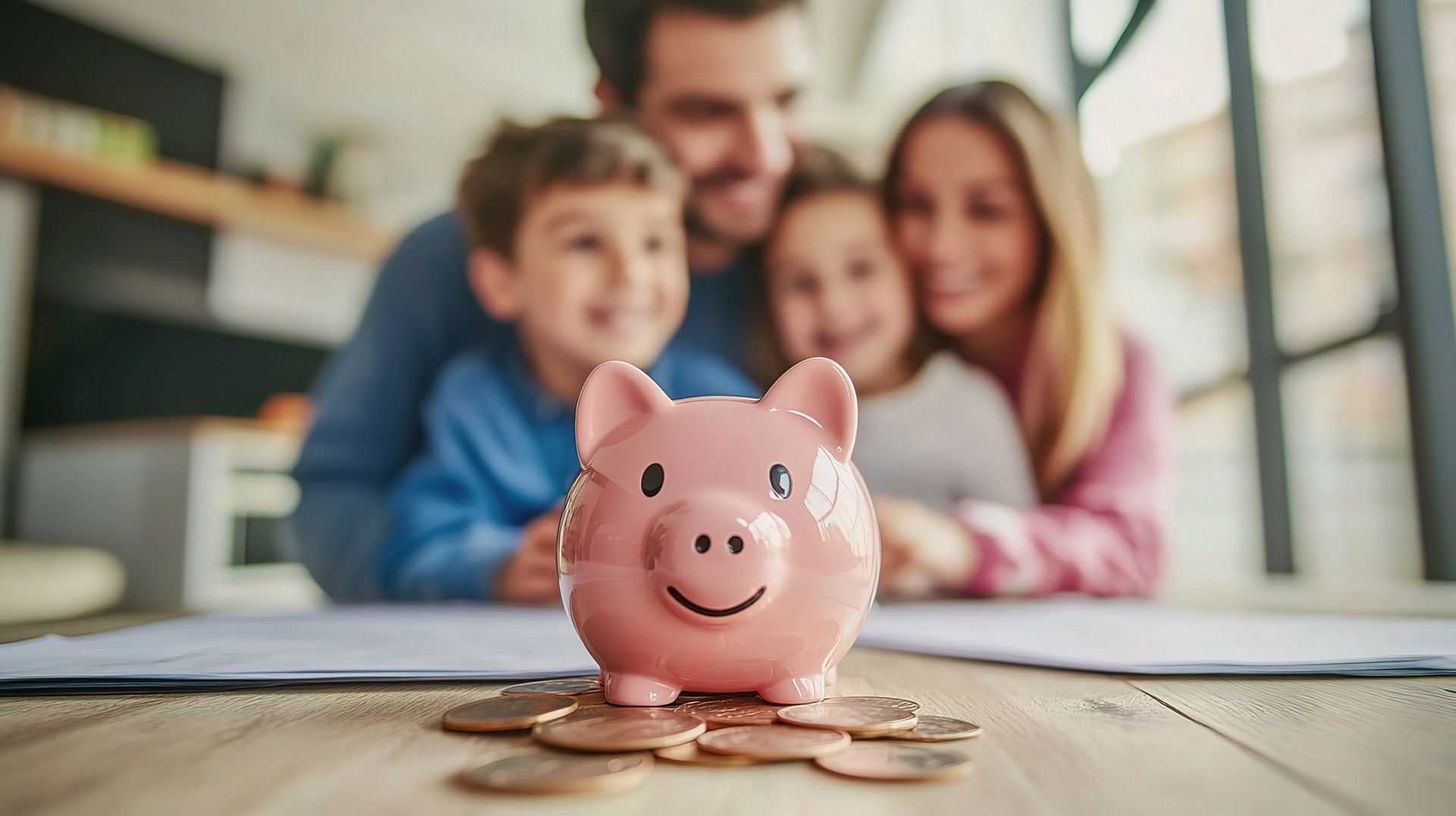 Tirelire en premier plan et une famille en arrière-plan.