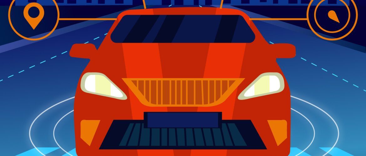 A red car is driving down a road surrounded by circles.