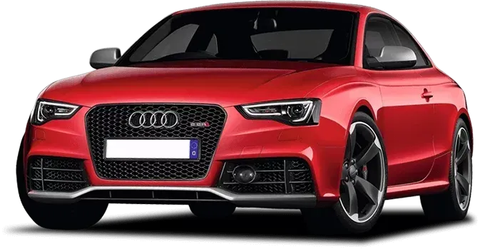 A red audi rs 5 coupe is shown on a white background.