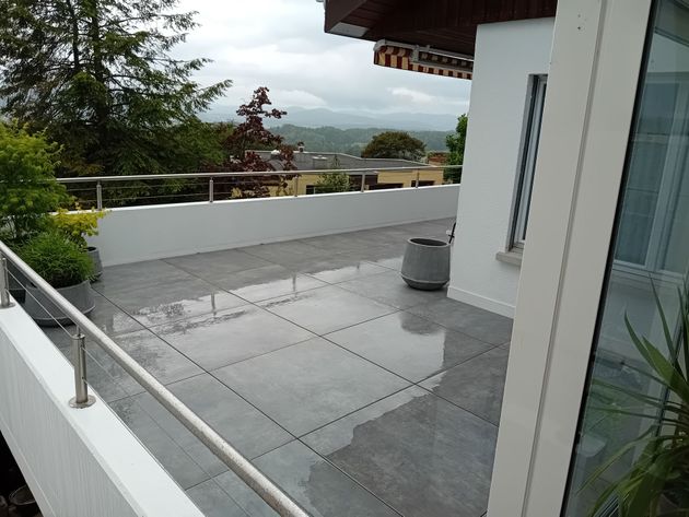 Ein Balkon mit grauen Fliesen, einem weissen Geländer, einer Topfpflanze und Blick auf Bäume und Berge unter bewölktem Himmel.