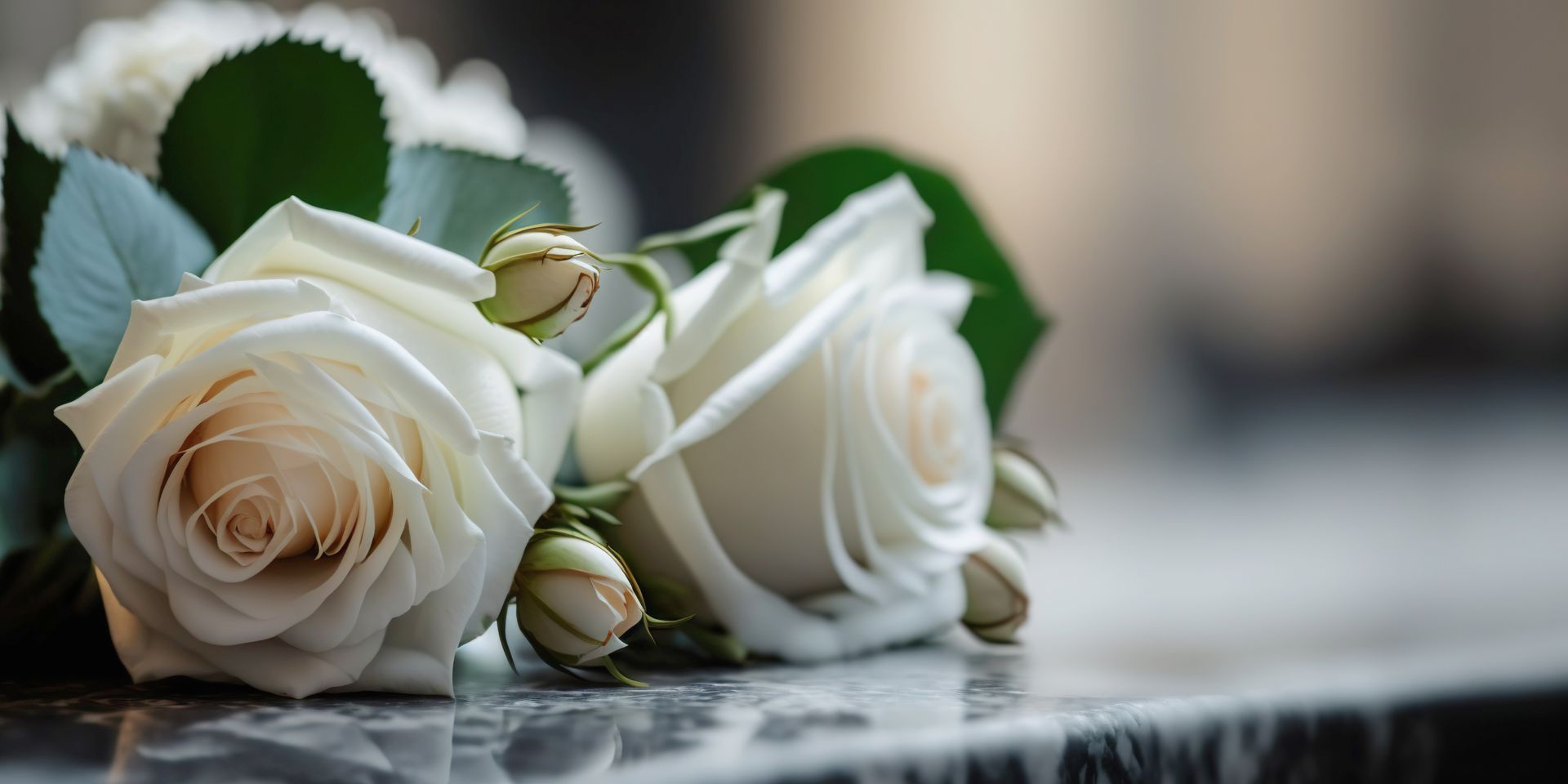 Gros plan sur des roses blanches posées sur du marbre