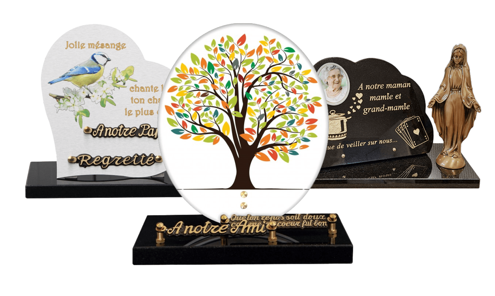 Cimetière avec pierres tombales, croix et fleurs. Allées entre les tombes, avec des arbres en arrière-plan sous un ciel bleu.