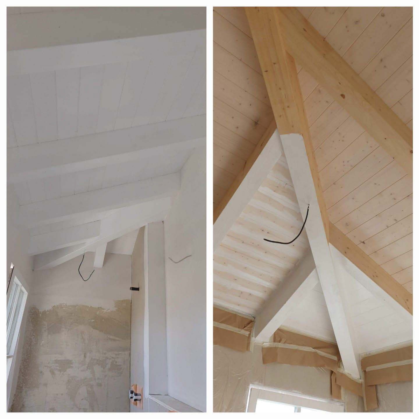 Zwei Ansichten einer Dachbodendecke: eine weiß gestrichen, die andere mit freiliegenden Balken und abgeklebten Kanten.