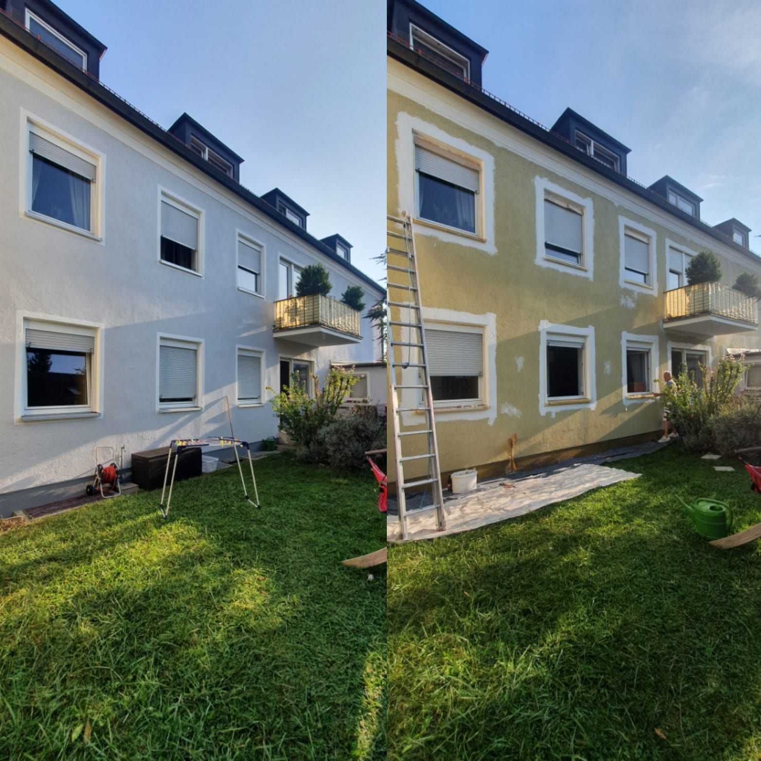 Zweiteiliges Bild: Gebäudeaußenansicht; linke Seite blaugrau, rechte Seite gelbbeige; Leiter, Hof.
