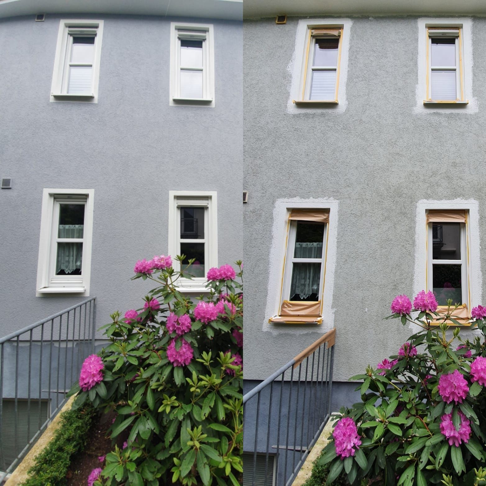 Außenansicht eines Gebäudes mit drei Fenstern, als Vorher-Nachher-Bild der Renovierung. Rosa Blumen im Vordergrund.