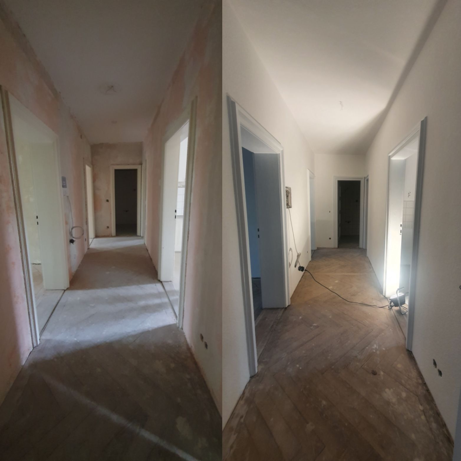 Flur vor und nach der Renovierung. Links: Unverputzte Wände und Boden; rechts: weiß gestrichene Wände und fertiger Boden.