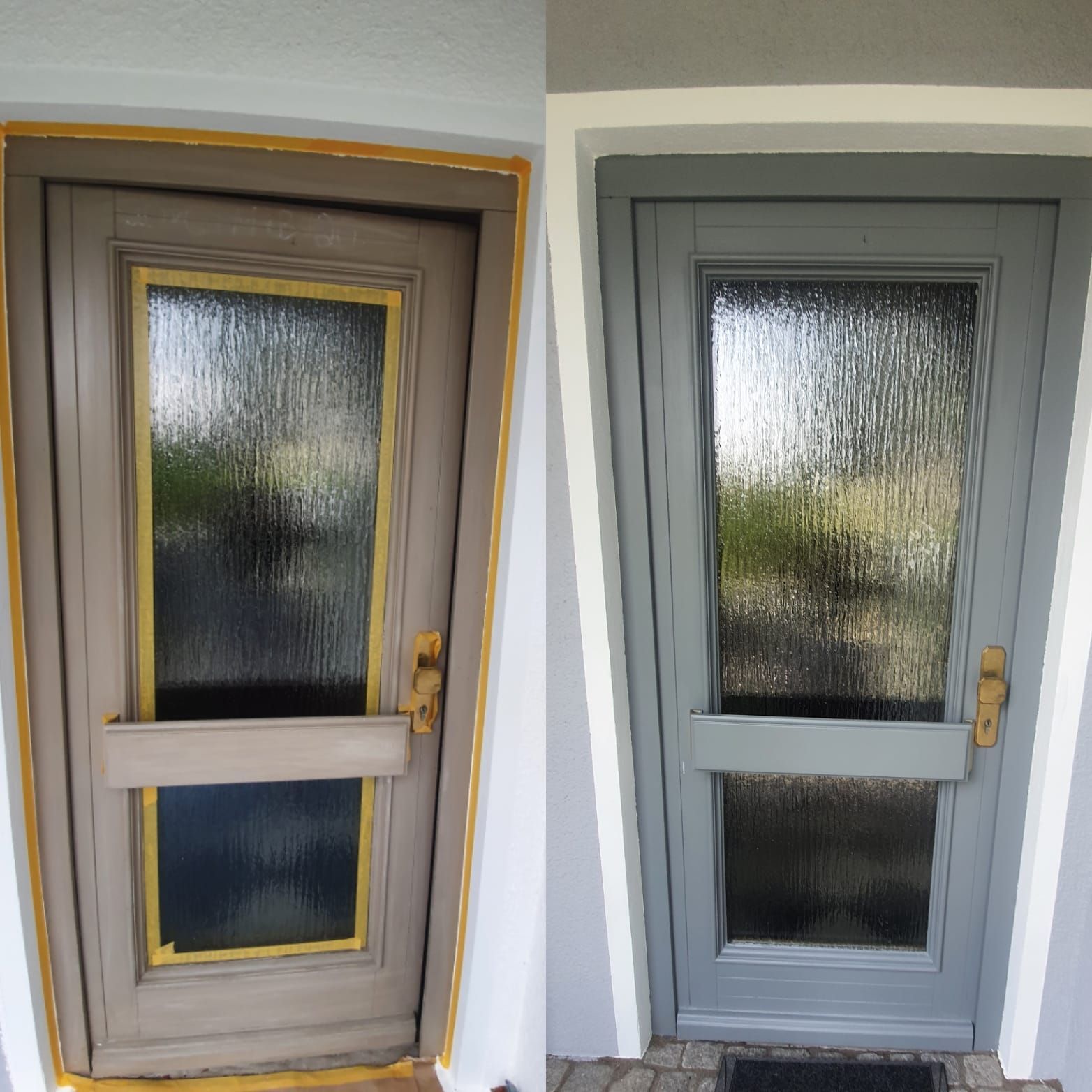 Vorher-Nachher-Bild einer Eingangstür mit Glaseinsatz und Messingbeschlag – die alte braun, die neue grau.