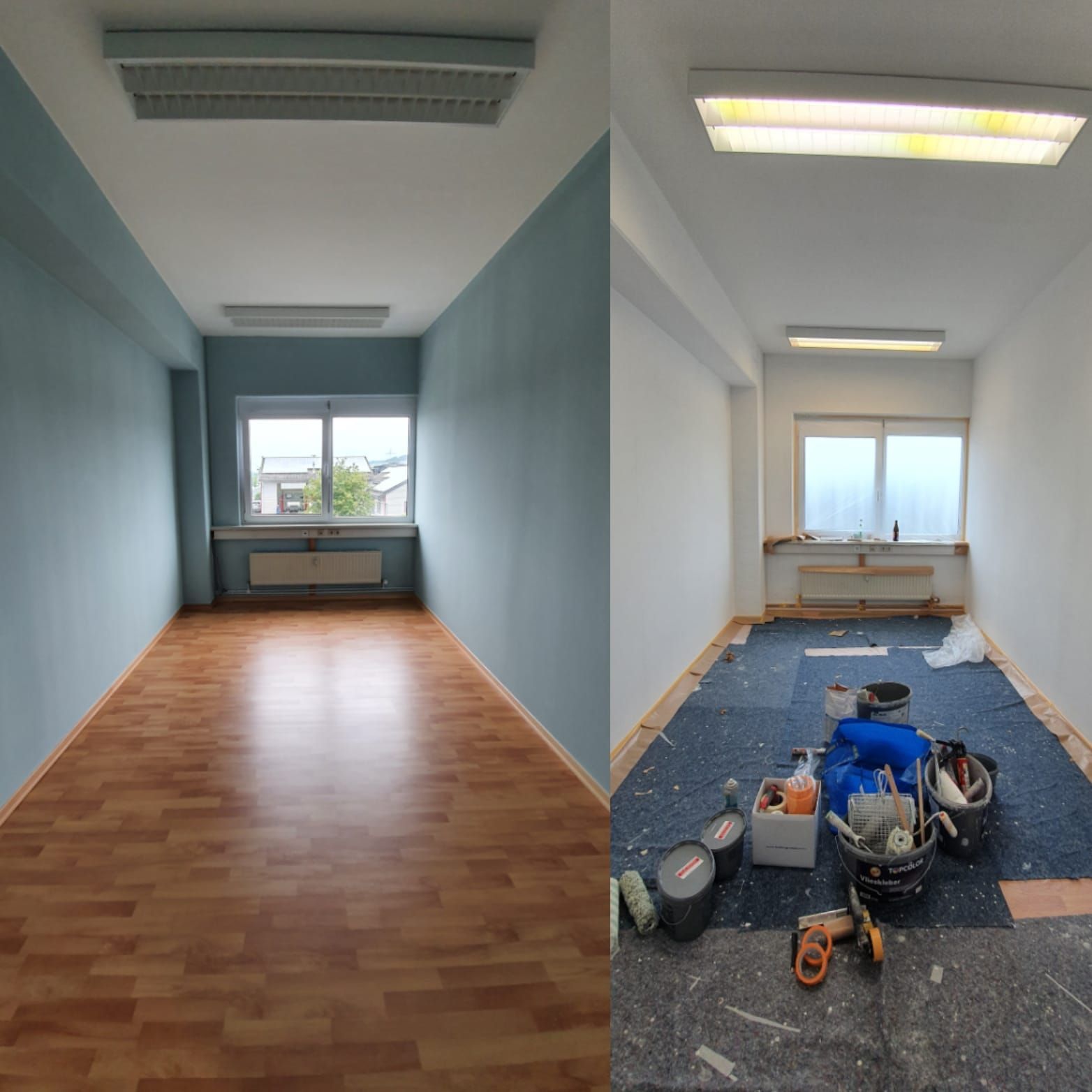 Vergleich der Raumrenovierung: Blaue Wände mit Holzboden, dann weiße Wände mit blauem Teppich und Werkzeugen.