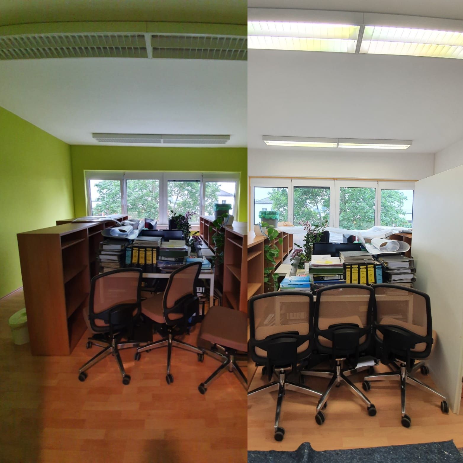 Bürointerieur; eine Seite ist hellgrün, die andere weiß. Schreibtische, Stühle und Bücher sind vorhanden.