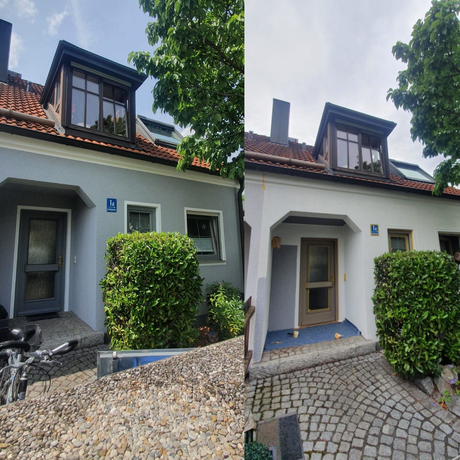 Zweiteilige Ansicht eines Hauses; die linke Hälfte ist grau, die rechte weiß. Beide haben Dachgauben und Grünanlagen.