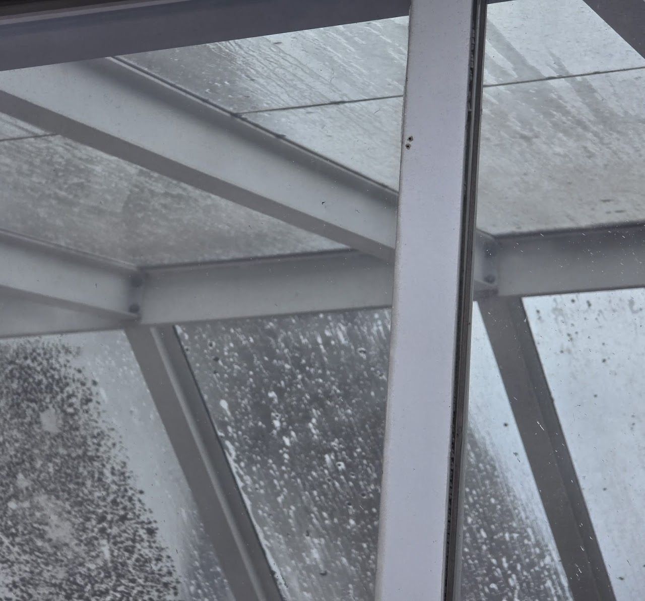 Innenansicht einer Bushaltestelle mit Glasdach und Metallstützen.