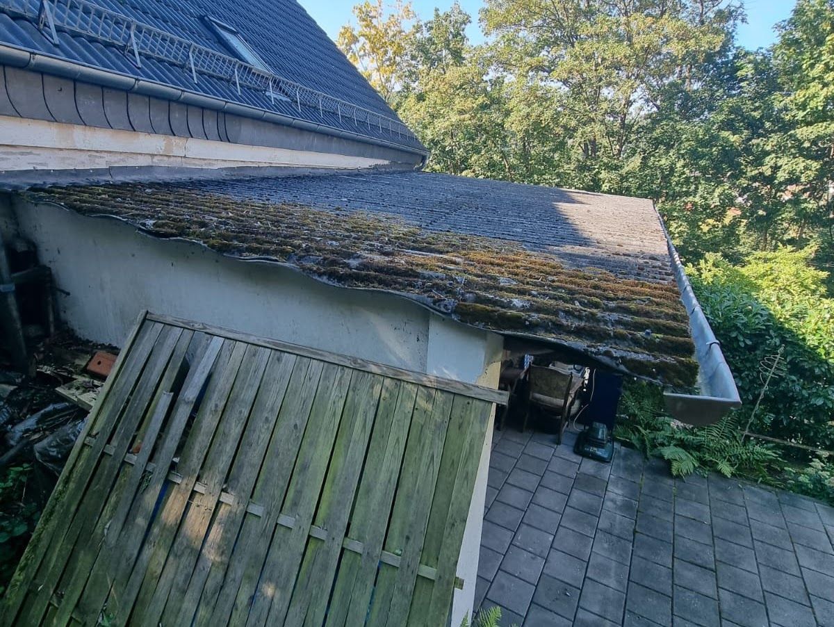 Moosbewachsenes Dach eines Gebäudes mit einem Holzzaun im Vordergrund und Bäumen im Hintergrund.