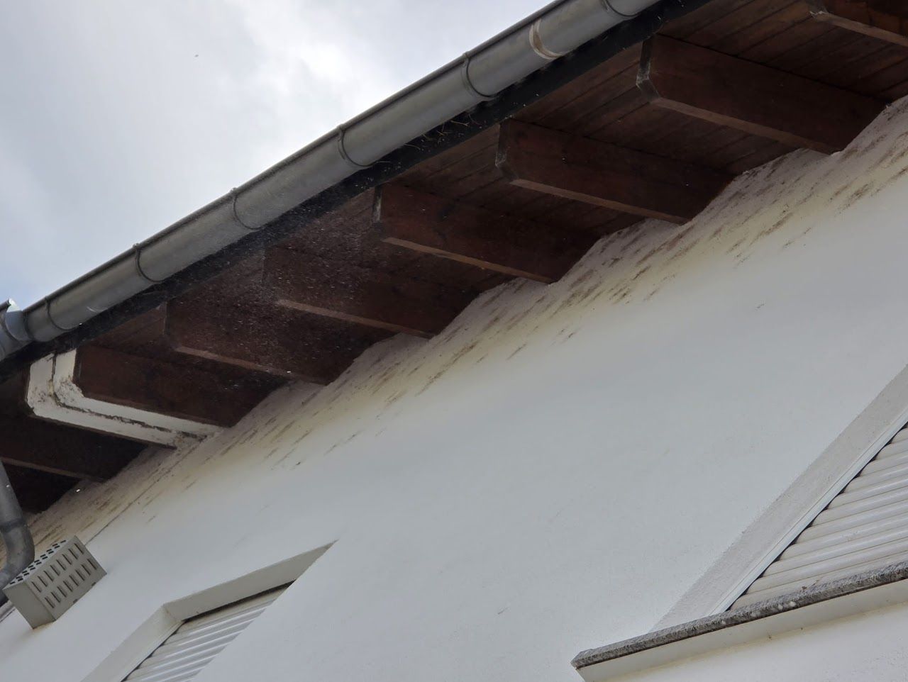 Regen ergießt sich aus einer Dachrinne auf die weiße Wand eines Hauses mit Holzbalken.