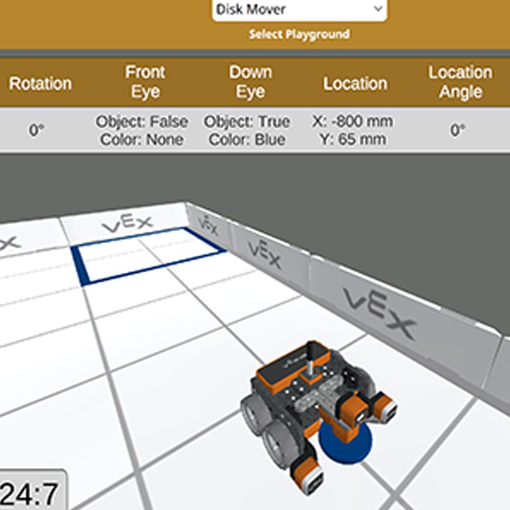 A computer generated image of a vex robot in a playground