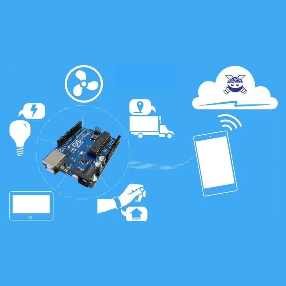 An arduino board is surrounded by various icons on a blue background.