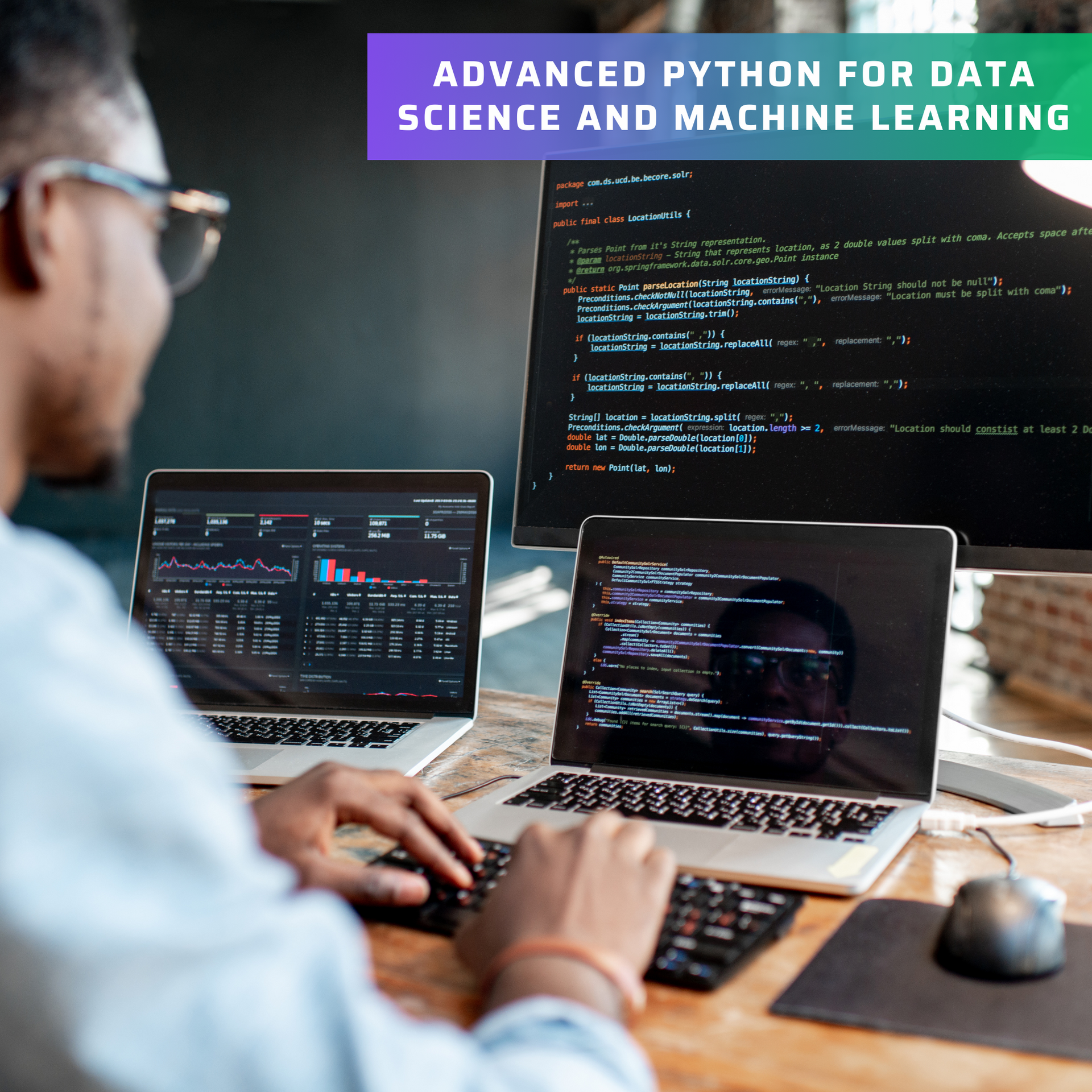 A man is typing on a laptop in front of a computer screen that says advanced python for data science and machine learning