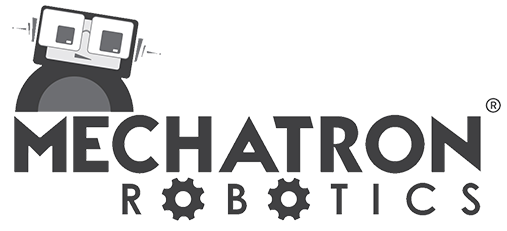 A black and white logo for mechatron robotics with a robot on it.