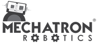 A black and white logo for mechatron robotics with a robot on it.