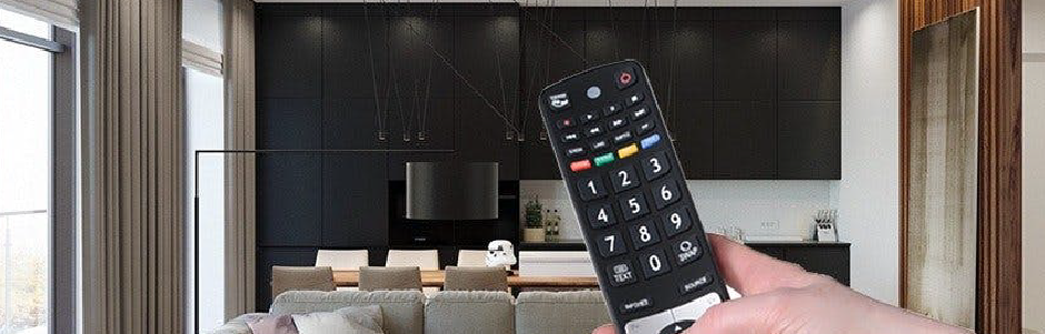 A person is holding a remote control in a living room.