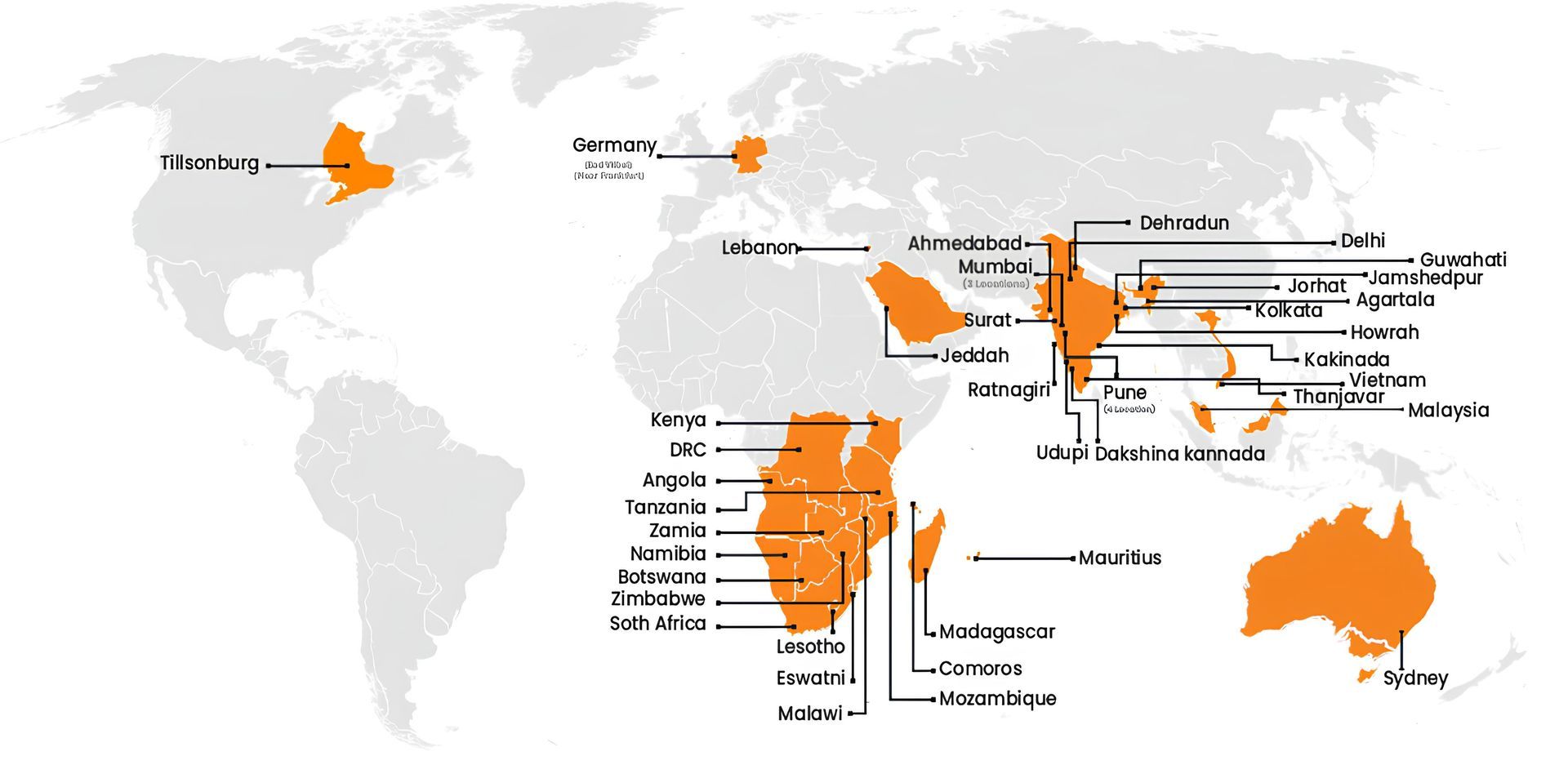 A map of the world with orange spots on it