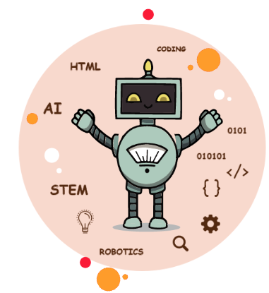 A cartoon illustration of a robot surrounded by coding html stem and robotics icons