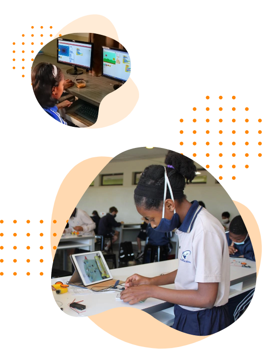 Students learning robotics and AI in a Mechatron school lab