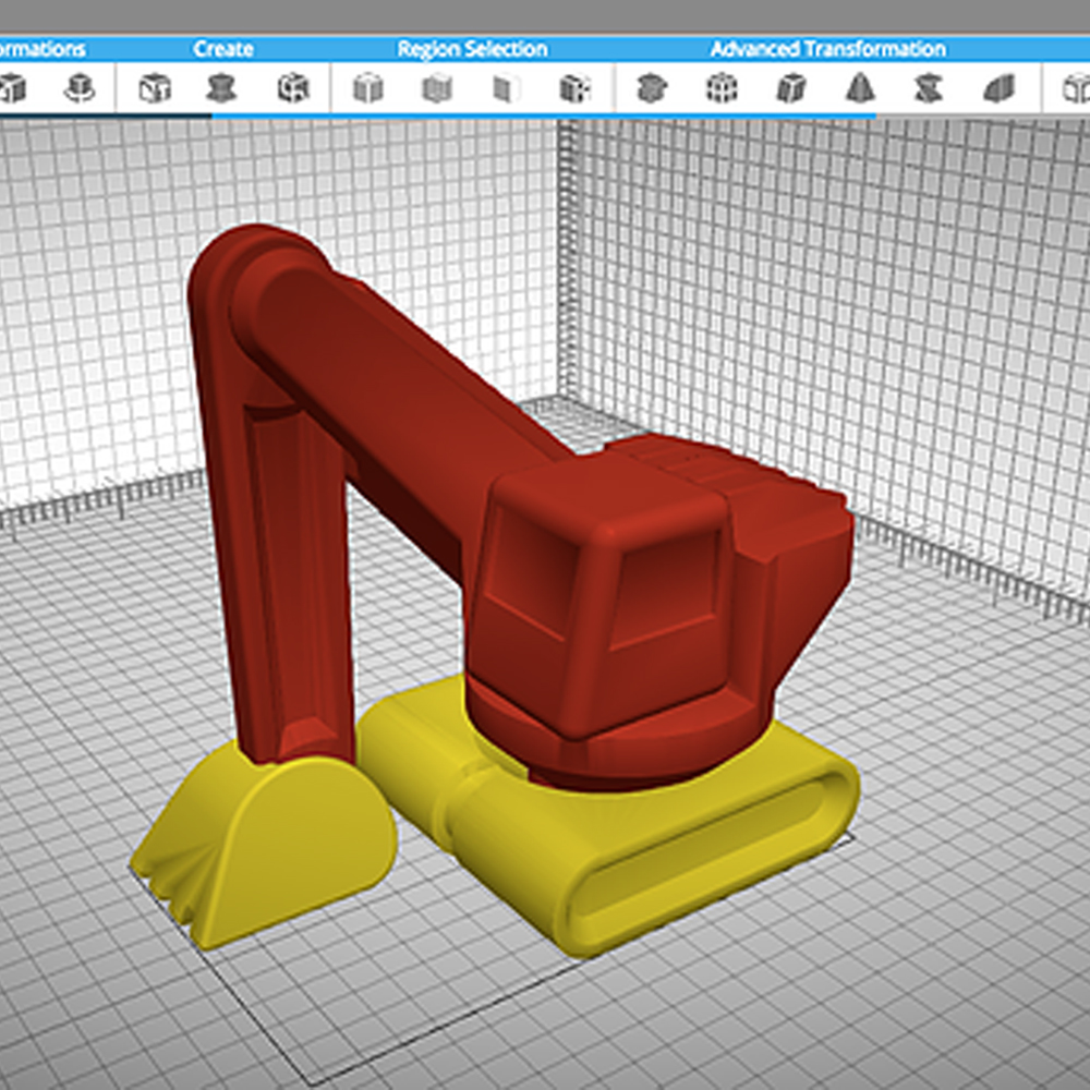 A 3d model of a red excavator with a yellow bucket