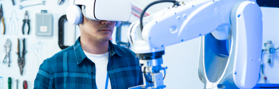 A man wearing a virtual reality headset is working on a robotic arm.