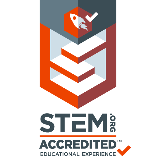 The stem accredited logo has a rocket and a check mark on it.