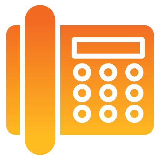 An orange and white icon of a telephone with buttons.