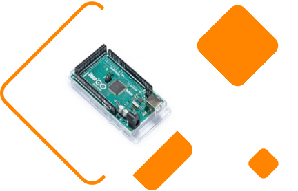 A green arduino board with orange squares around it