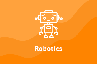 An icon of a robot on an orange background with the word robotics.