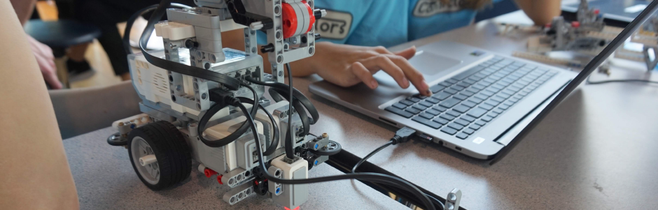 A person is using a laptop computer next to a robot.