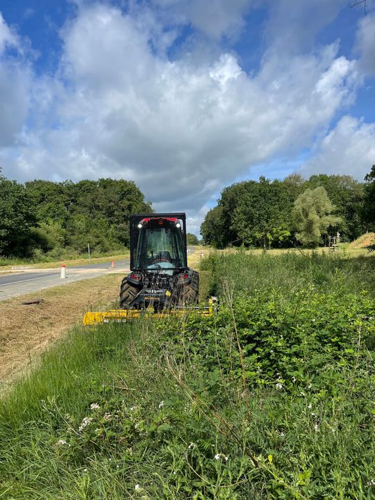 Tonte en cours sur bord de route.