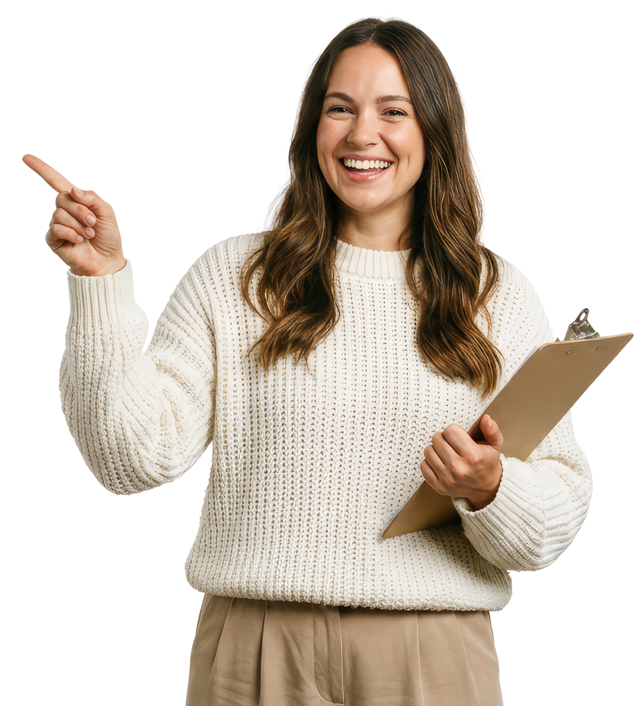 Une personne souriante, vêtue d'un pull en maille couleur crème, tient un bloc-notes et pointe vers la gauche sur un fond blanc.