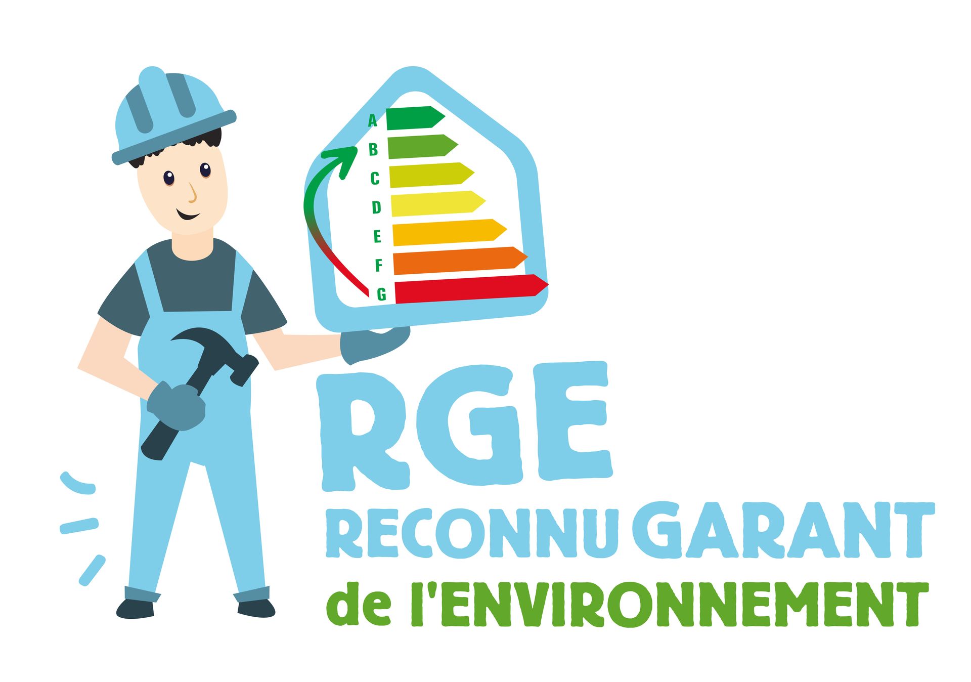 Un ouvrier du bâtiment tenant une icône d'étiquette de classement énergétique.