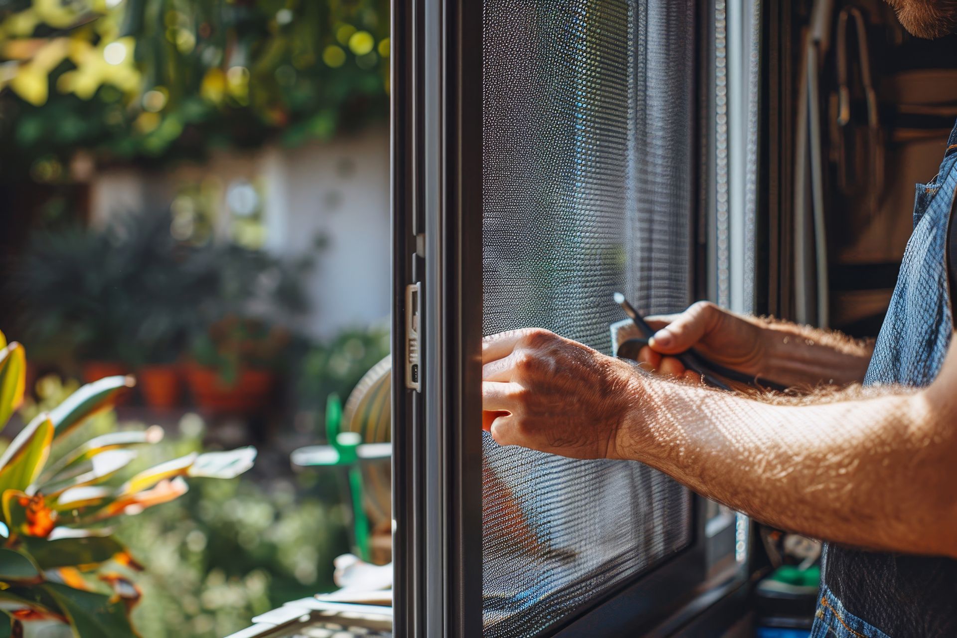 Une personne utilise un outil pour installer ou réparer une porte moustiquaire dans une maison baignée de soleil, avec un jardin flou visible en arrière-plan.