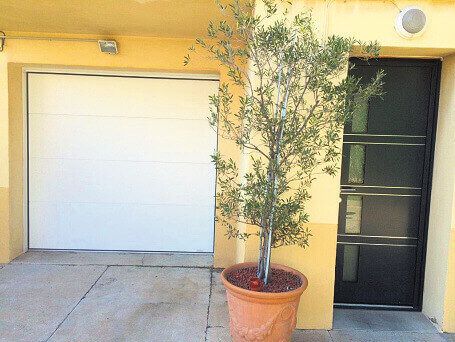 Une porte de garage blanche et une porte d'entrée noire sur une façade de maison jaune, avec un petit arbre en pot au centre.