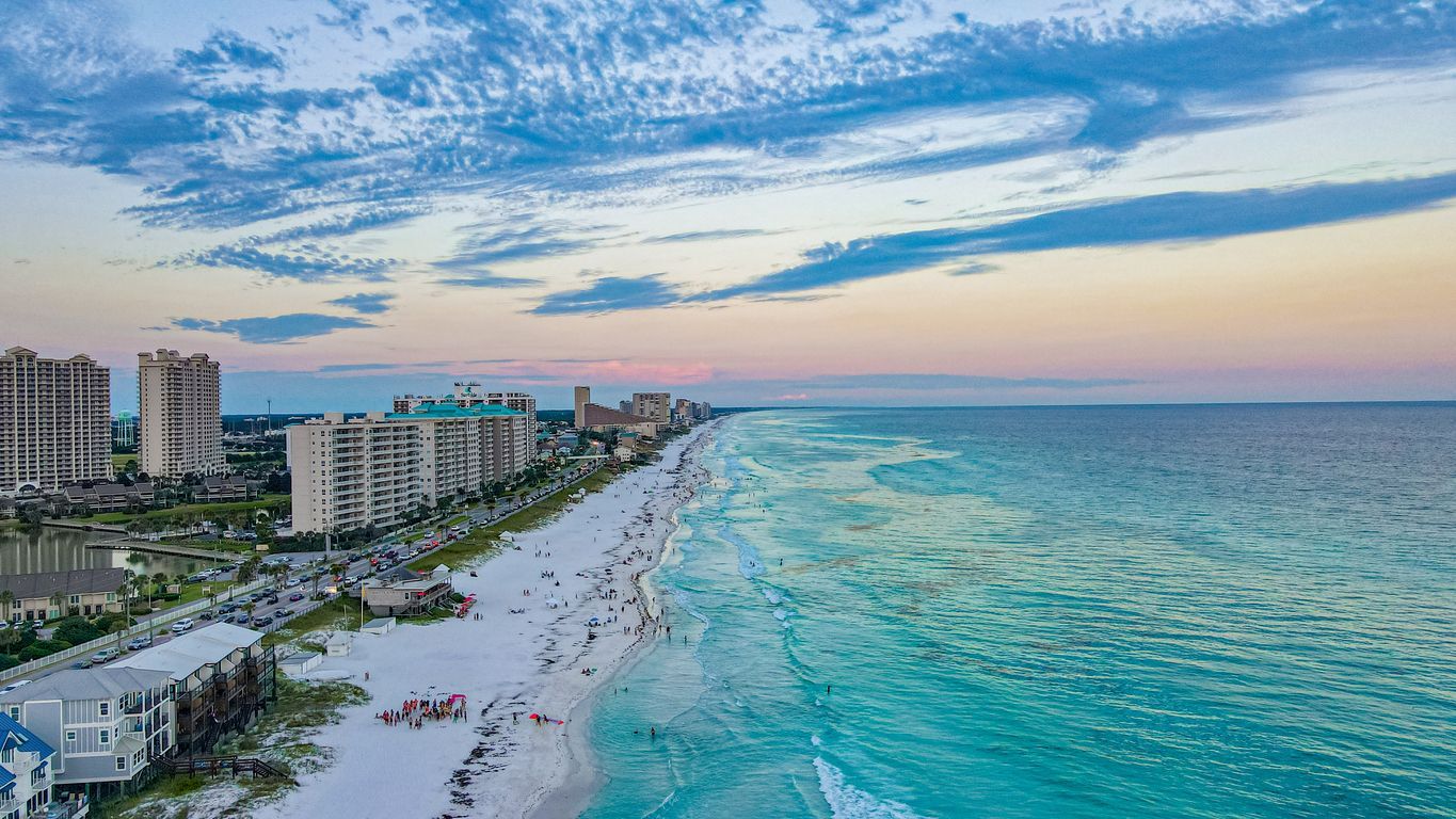 Aerial view of Miramar Beach, Florida with white sand beaches and turquoise Gulf waters