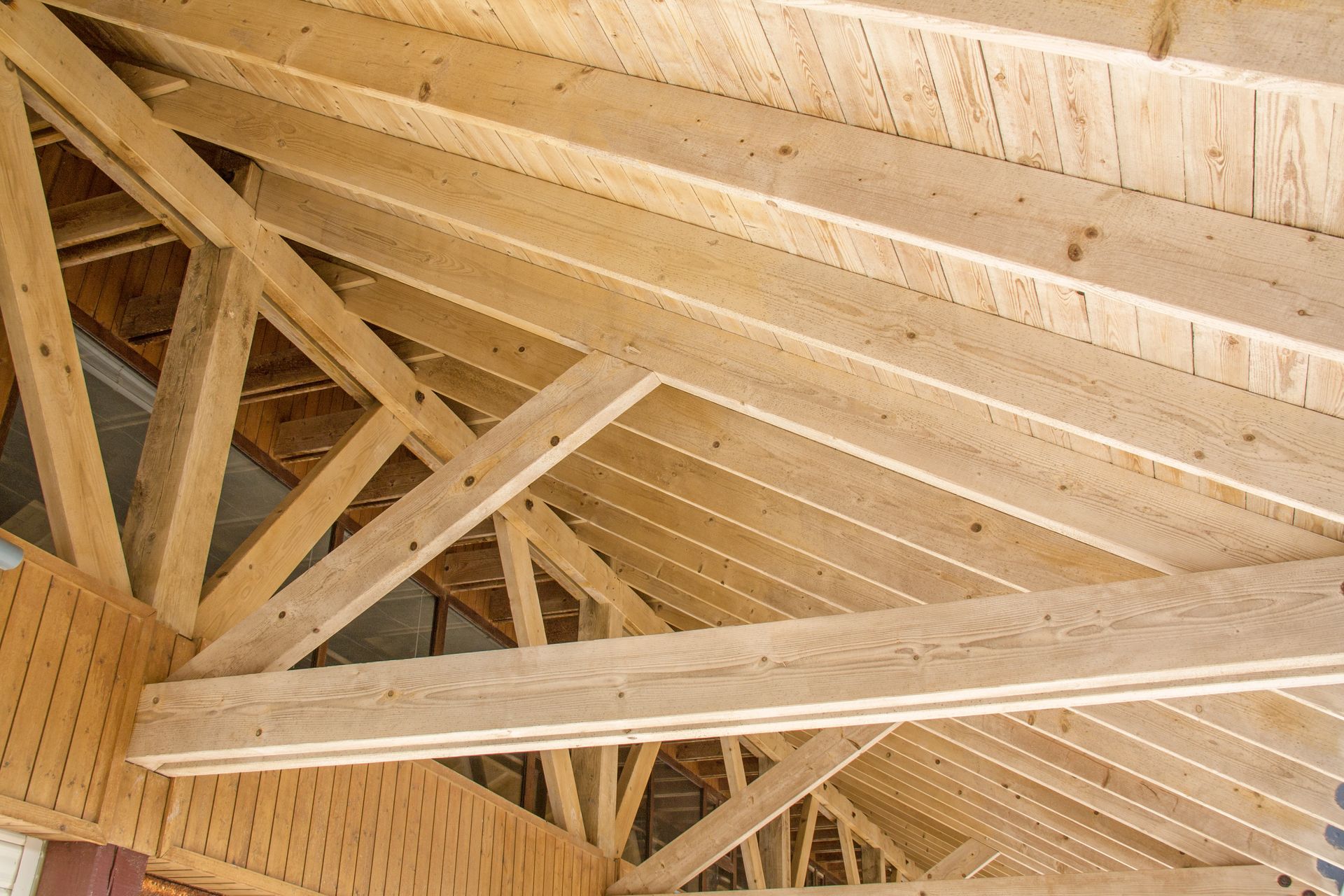 Charpente et poutres en bois dans un plafond intérieur aux tons clairs.