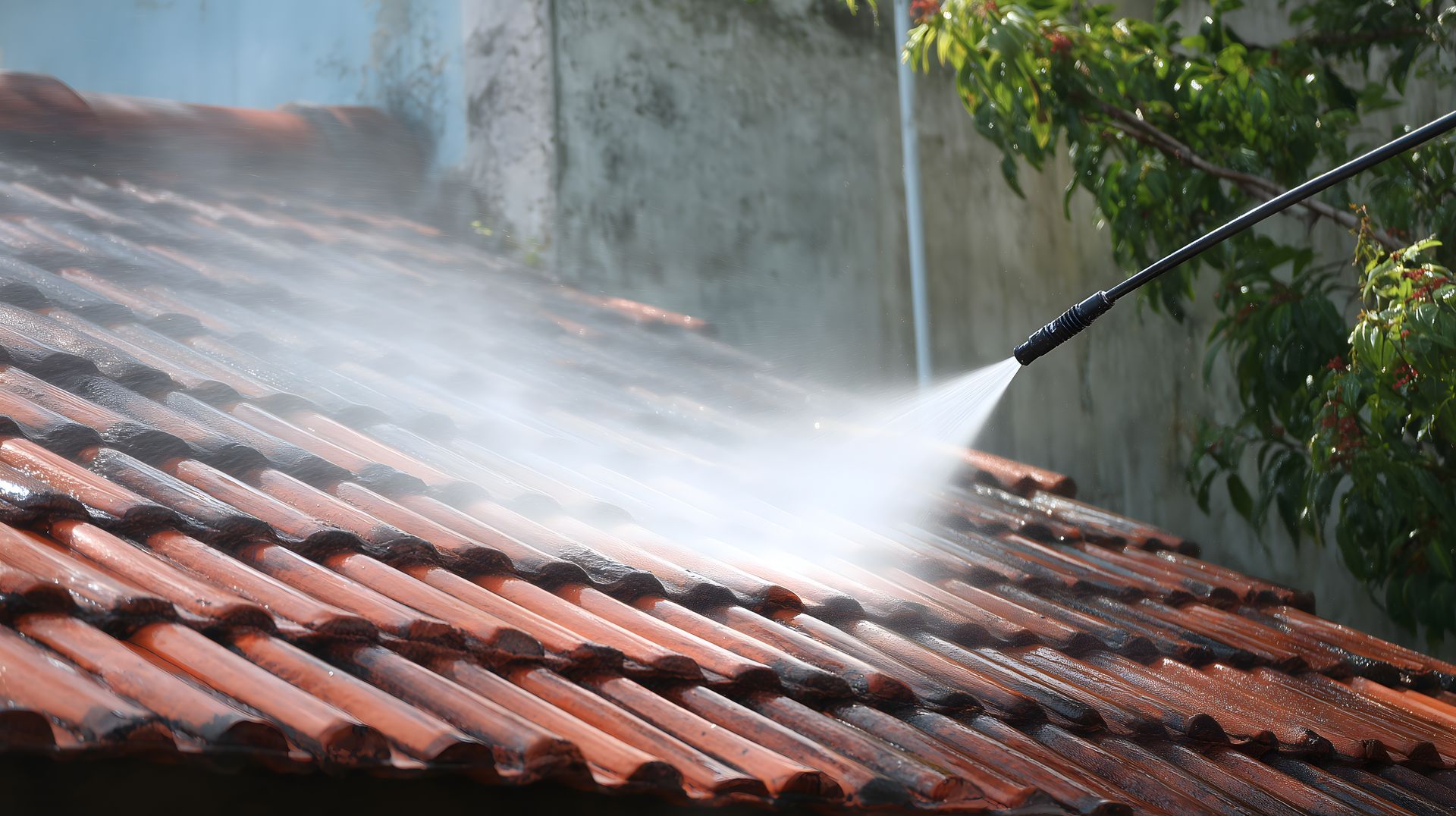Une personne nettoie à haute pression un toit de tuiles rouges avec un jet d'eau.