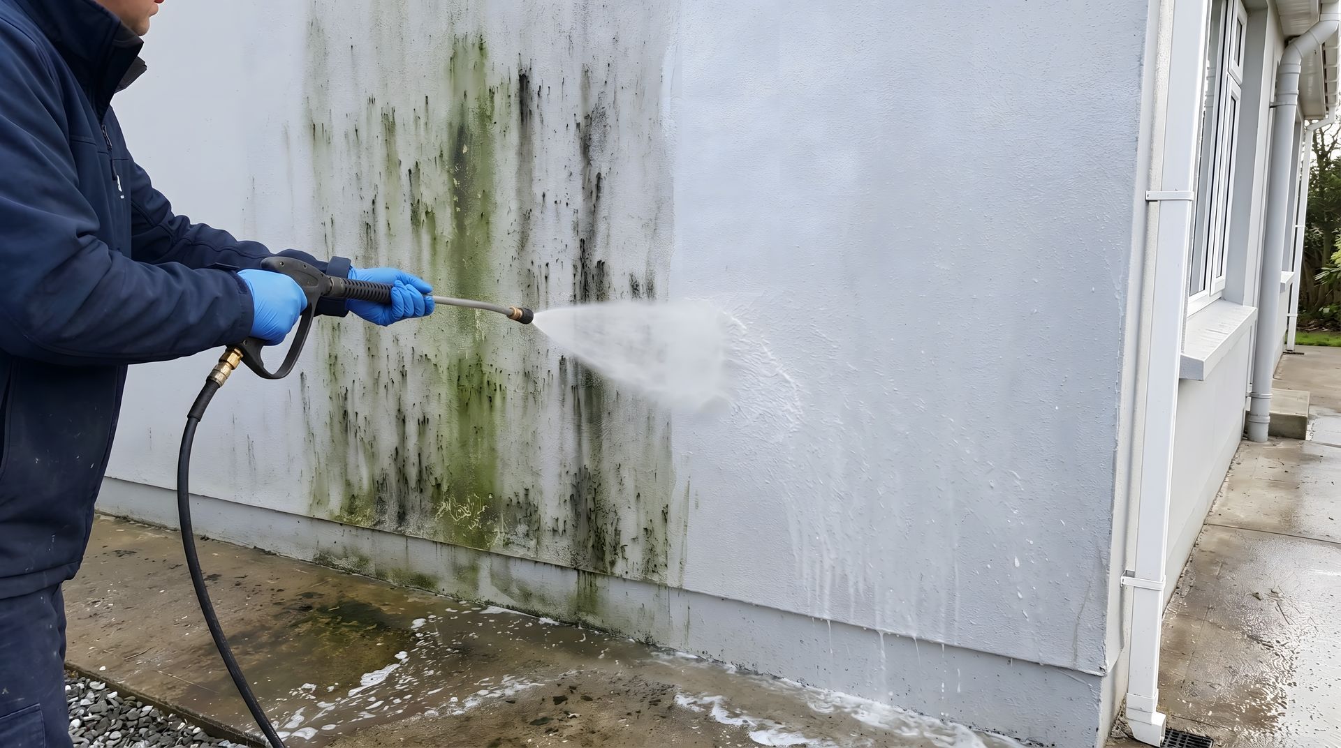 Une personne nettoie à haute pression le mur blanc d'un bâtiment présentant des taches vertes près du sol.