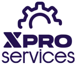 Logotipo azul de XPRO Services con un ícono de engranaje encima del texto.