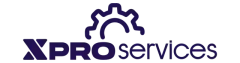 Logotipo de servicios XPRO: texto azul oscuro con un engranaje encima de “PRO”, sobre fondo blanco.