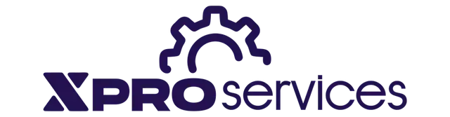 Logotipo de servicios XPRO: texto azul oscuro e ícono de engranaje.