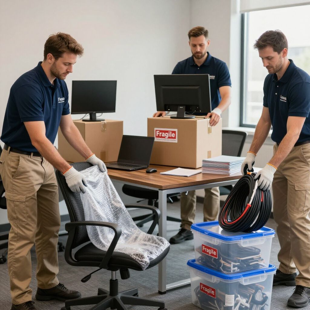 Personas de mudanzas empaquetando una oficina: uno envolviendo una silla, otros dos manejando cajas y equipos.