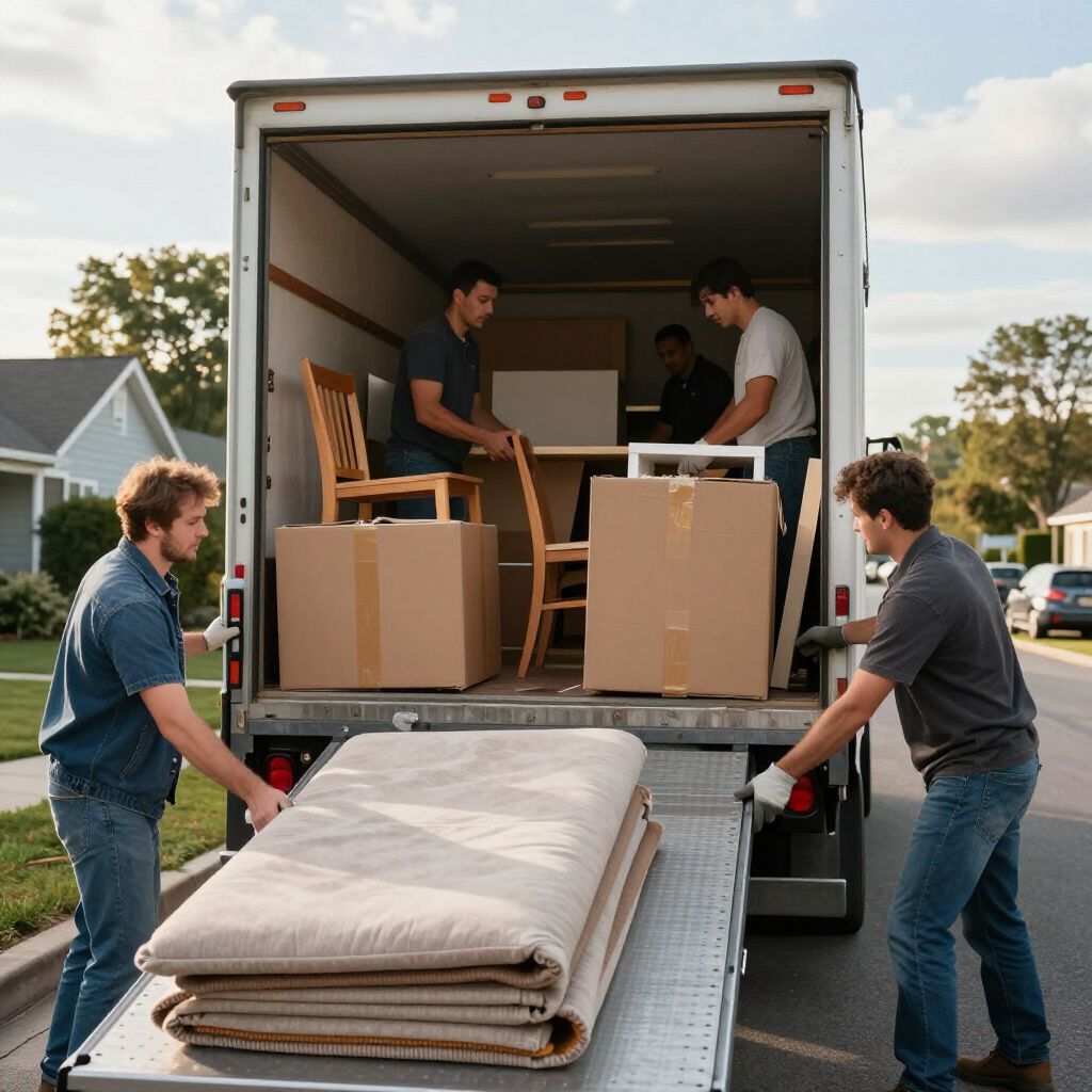 Los transportistas cargan muebles y cajas en un camión estacionado en una calle residencial.