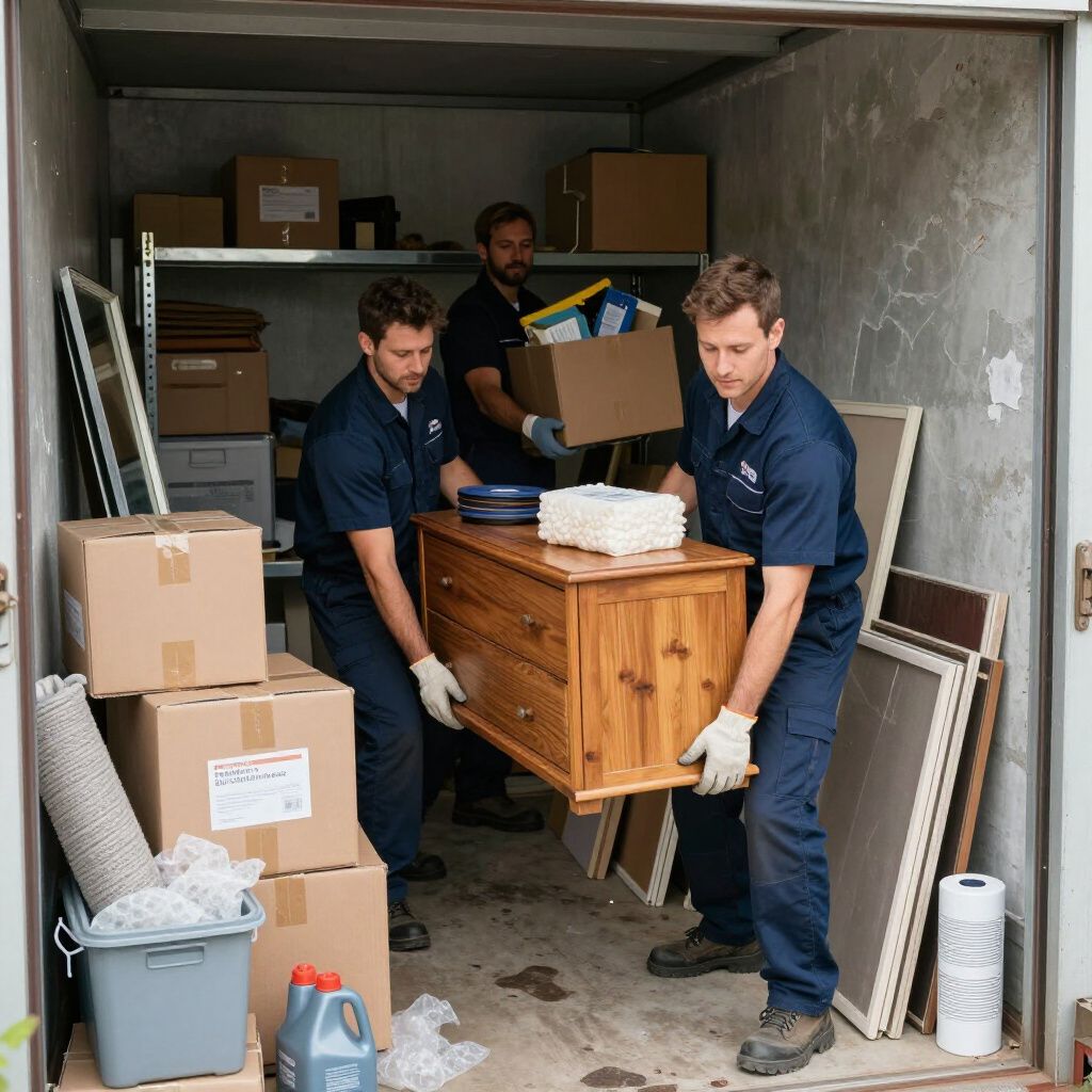 Los transportistas cargan una cómoda de madera y cajas en una unidad de almacenamiento.