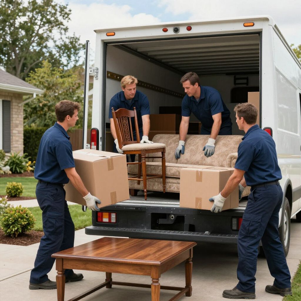 Los transportistas cargan muebles y cajas en un camión de mudanzas blanco estacionado frente a una casa.